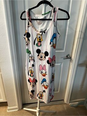 Vintage Disney Character Print Fitted Midi Dress Mickey Minnie Daisy Donald